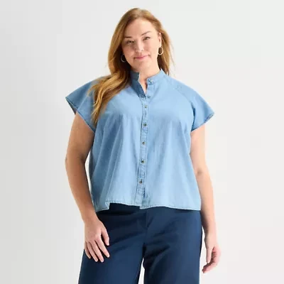 Liz Claiborne Womens Plus Split Crew Neck Short Sleeve Blouse