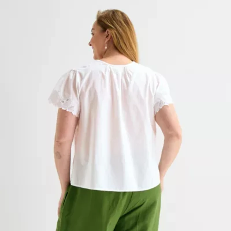 Liz Claiborne Womens Plus Keyhole Neck Short Sleeve Blouse