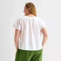 Liz Claiborne Womens Plus Keyhole Neck Short Sleeve Blouse