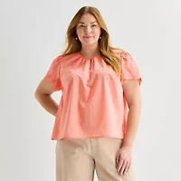 Liz Claiborne Womens Plus Crew Neck Short Sleeve Blouse