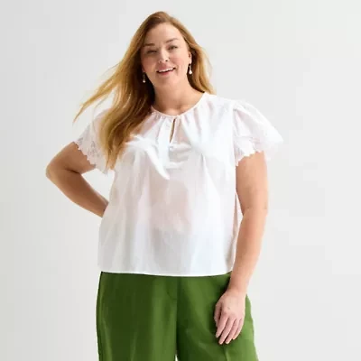 Liz Claiborne Womens Plus Keyhole Neck Short Sleeve Blouse