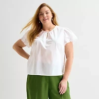 Liz Claiborne Womens Plus Keyhole Neck Short Sleeve Blouse