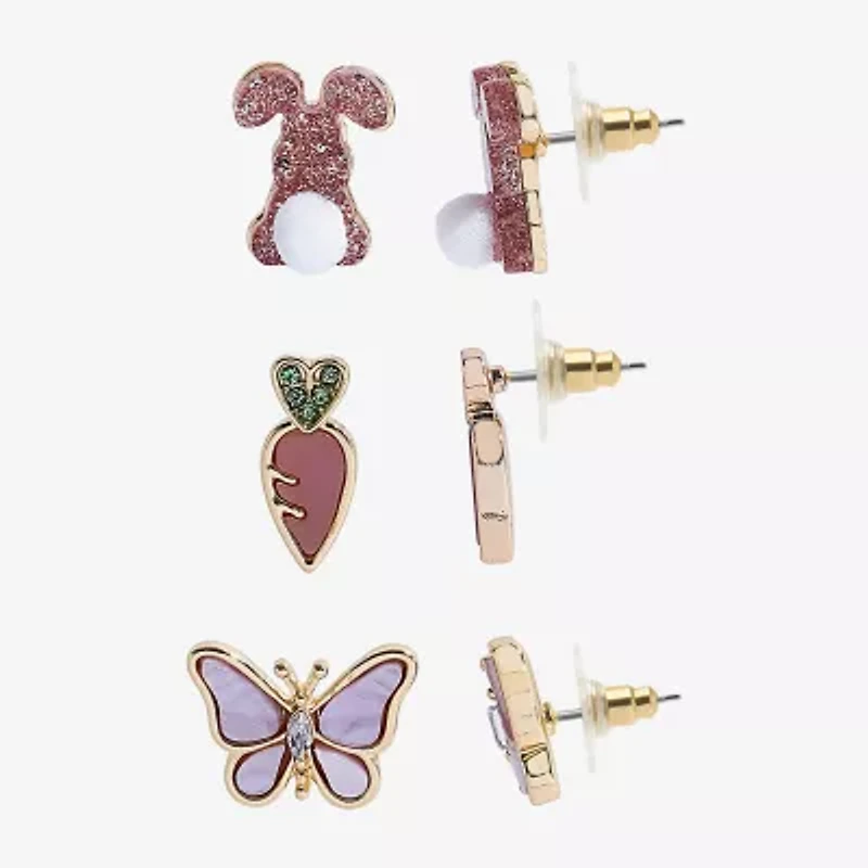 Mixit Easter Bunny Carrot Womens Butterfly 3 Pair Earring Set