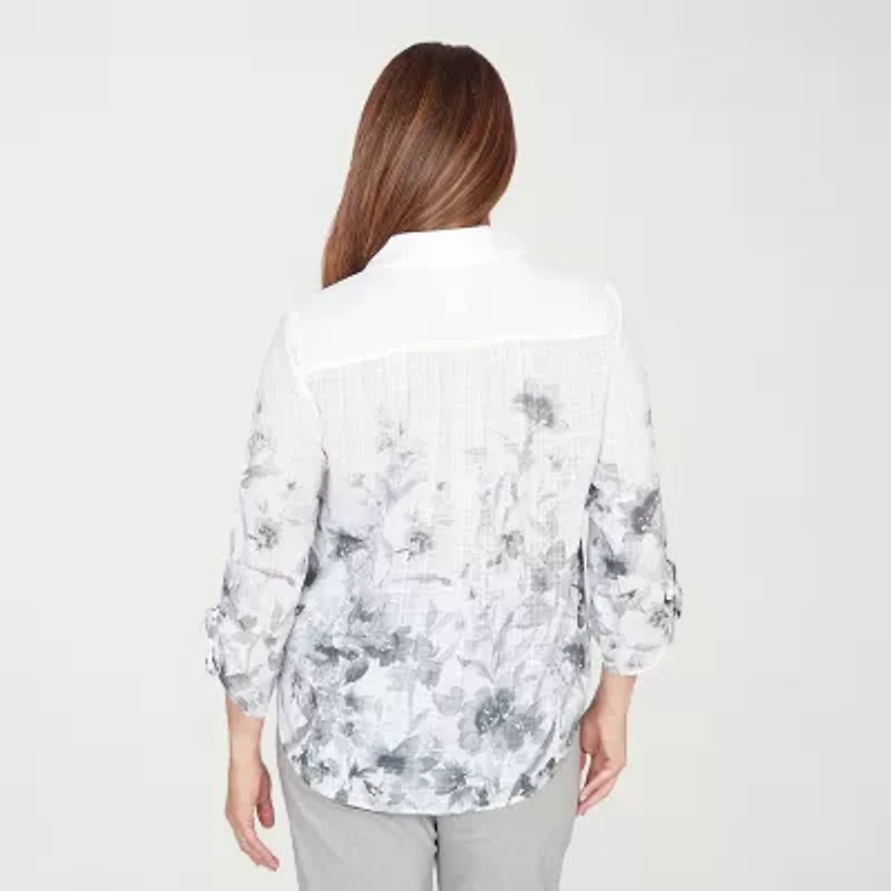 Alfred Dunner Al Fresco Womens Tie Sleeve 3/4 Button-Down Shirt