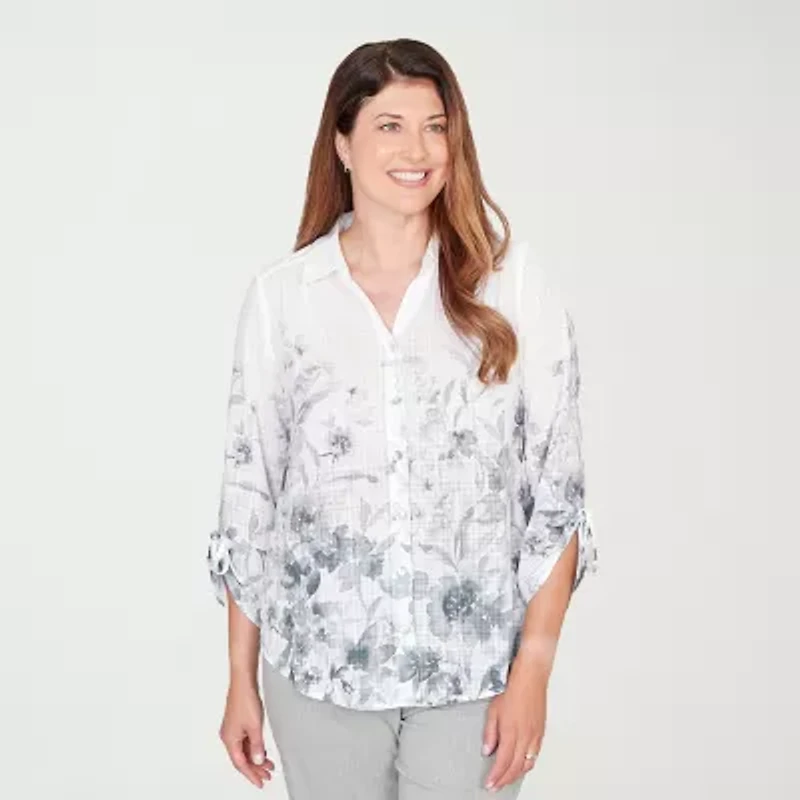 Alfred Dunner Al Fresco Womens Tie Sleeve 3/4 Button-Down Shirt
