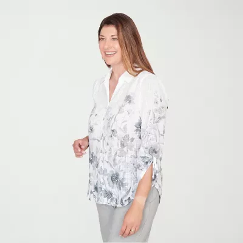 Alfred Dunner Al Fresco Womens Tie Sleeve 3/4 Button-Down Shirt