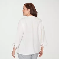 Alfred Dunner Al Fresco Womens Plus Y Neck 3/4 Sleeve Lace Blouse
