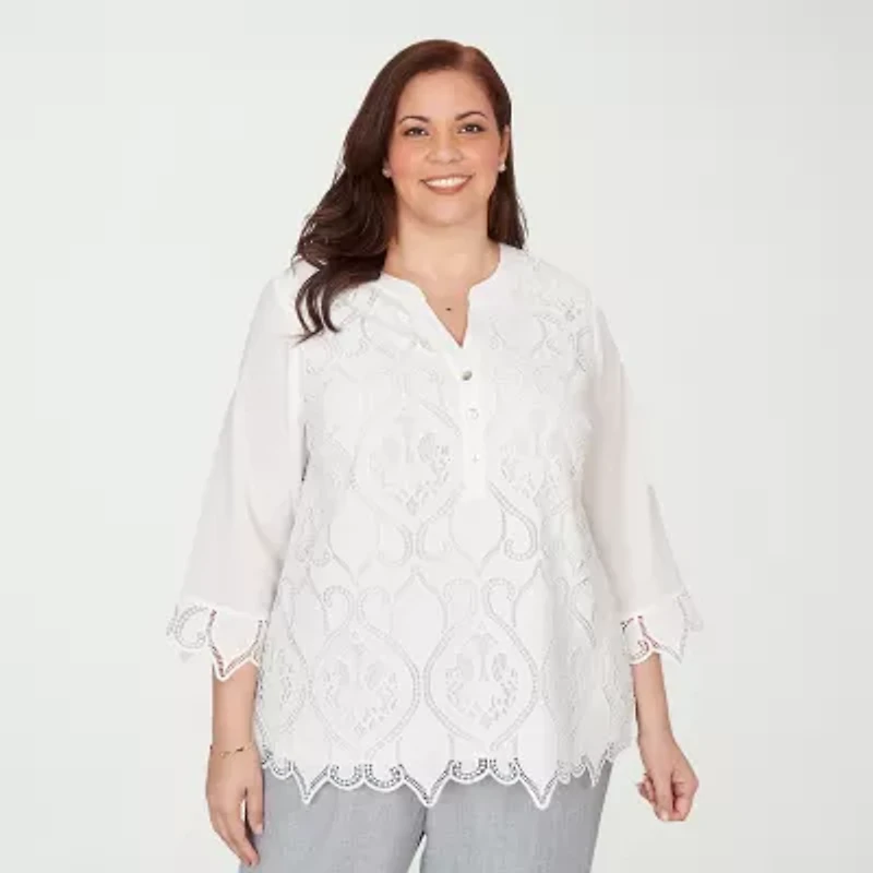 Alfred Dunner Al Fresco Womens Plus Y Neck 3/4 Sleeve Lace Blouse