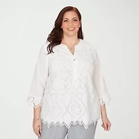 Alfred Dunner Al Fresco Womens Plus Y Neck 3/4 Sleeve Lace Blouse