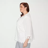 Alfred Dunner Al Fresco Womens Plus Y Neck 3/4 Sleeve Lace Blouse