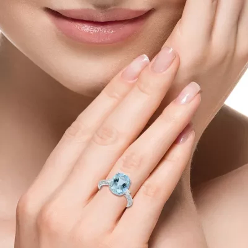 Effy Final Call Womens Genuine Blue Aquamarine & 1/10 CT. T.W. Natural Diamond 14K White Gold Oval Cocktail Ring