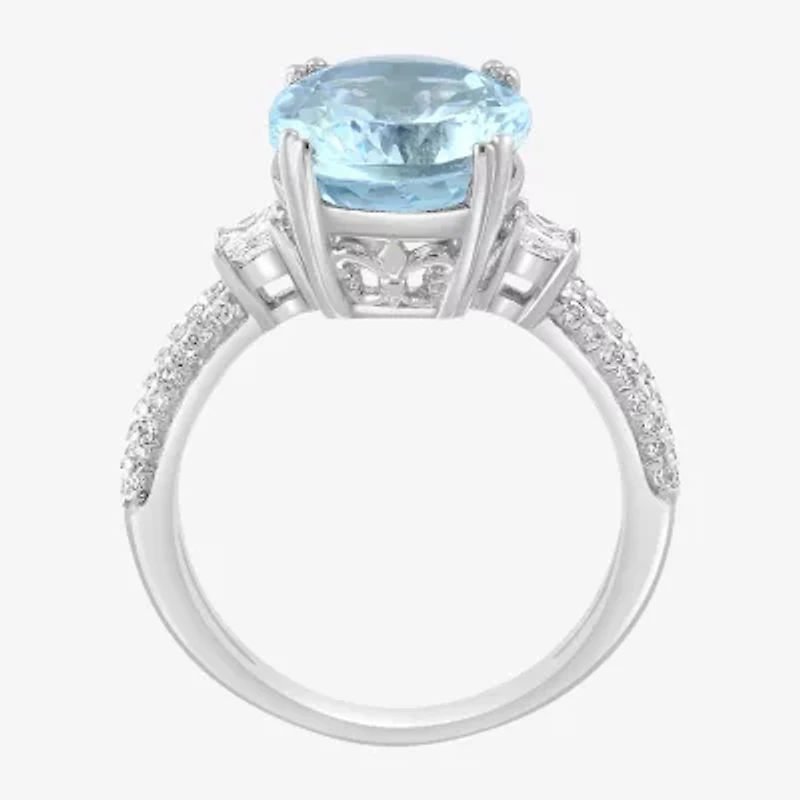 Effy Final Call Womens Genuine Blue Aquamarine & 1/10 CT. T.W. Natural Diamond 14K White Gold Oval Cocktail Ring