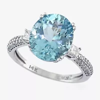 Effy Final Call Womens Genuine Blue Aquamarine & 1/10 CT. T.W. Natural Diamond 14K White Gold Oval Cocktail Ring