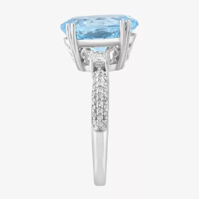 Effy Final Call Womens Genuine Blue Aquamarine & 1/10 CT. T.W. Natural Diamond 14K White Gold Oval Cocktail Ring