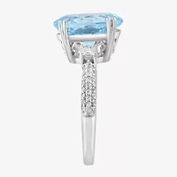 Effy Final Call Womens Genuine Blue Aquamarine & 1/10 CT. T.W. Natural Diamond 14K White Gold Oval Cocktail Ring