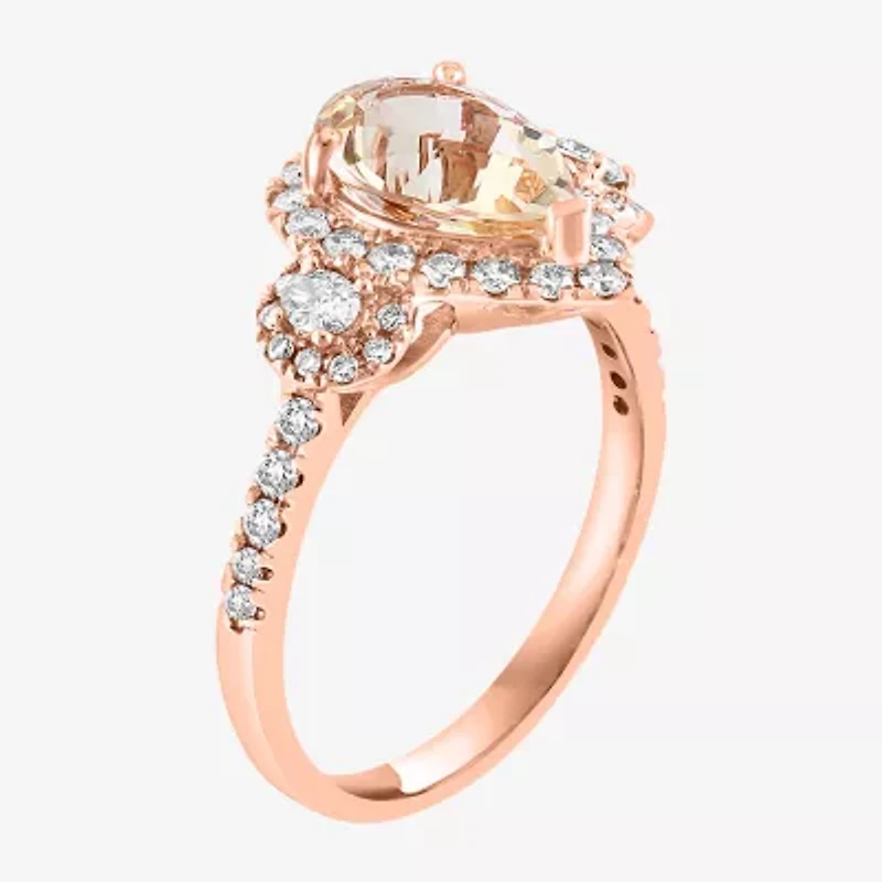 Effy Final Call Womens Genuine Pink Morganite & 1/4 CT. T.W. Natural Diamond 14K Rose Gold Pear Halo Side Stone Cocktail Ring