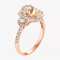 Effy Final Call Womens Genuine Pink Morganite & 1/4 CT. T.W. Natural Diamond 14K Rose Gold Pear Halo Side Stone Cocktail Ring