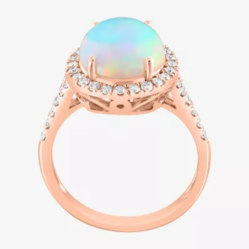 Effy Final Call Womens Genuine White Opal & 3/8 CT. T.W. Natural Diamond 14K Rose Gold Oval Halo Side Stone Cocktail Ring