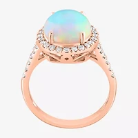 Effy Final Call Womens Genuine White Opal & 3/8 CT. T.W. Natural Diamond 14K Rose Gold Oval Halo Side Stone Cocktail Ring