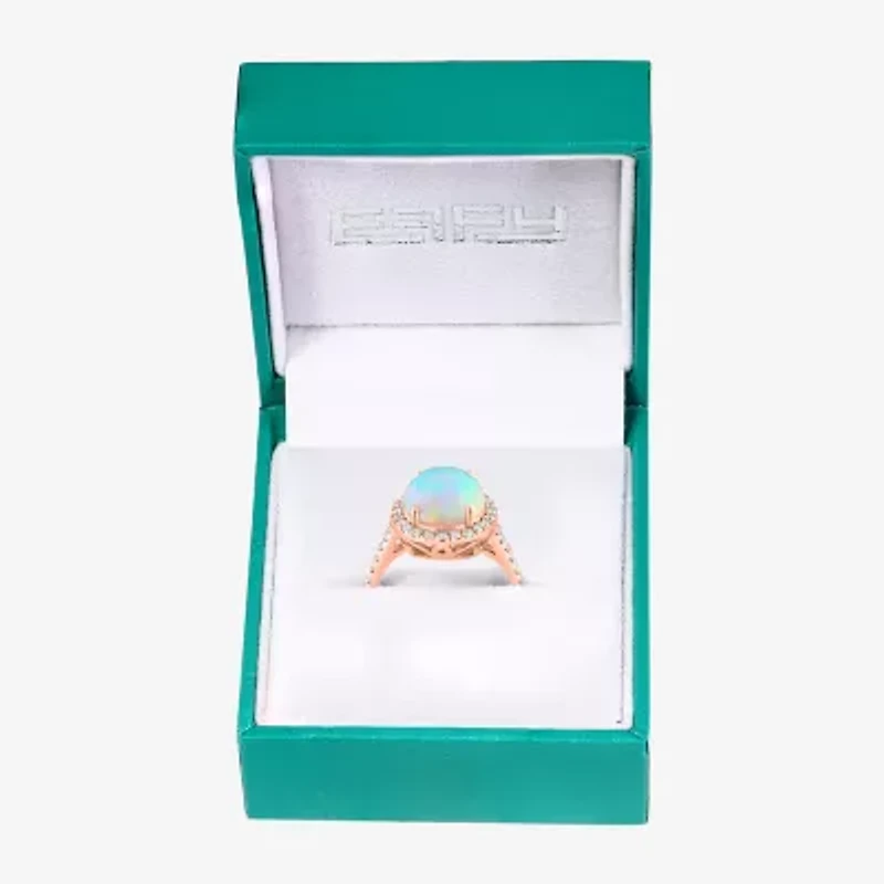 Effy Final Call Womens Genuine White Opal & 3/8 CT. T.W. Natural Diamond 14K Rose Gold Oval Halo Side Stone Cocktail Ring