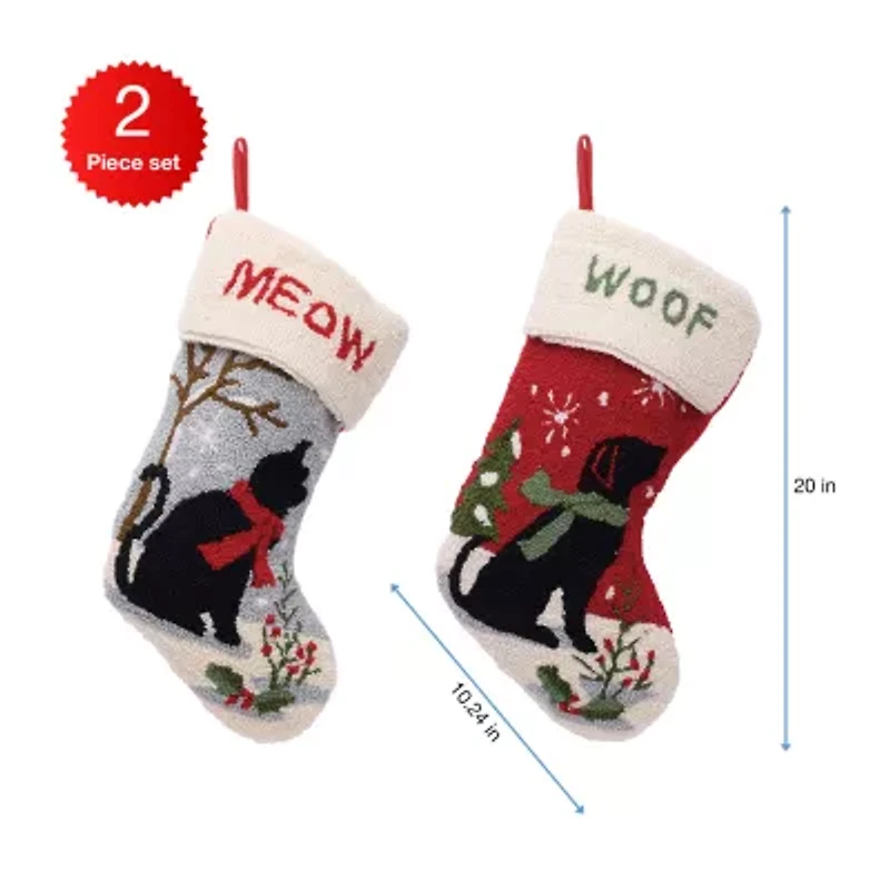 Glitzhome 20" Cat & Dog Hooked Christmas Stocking - Set of 2