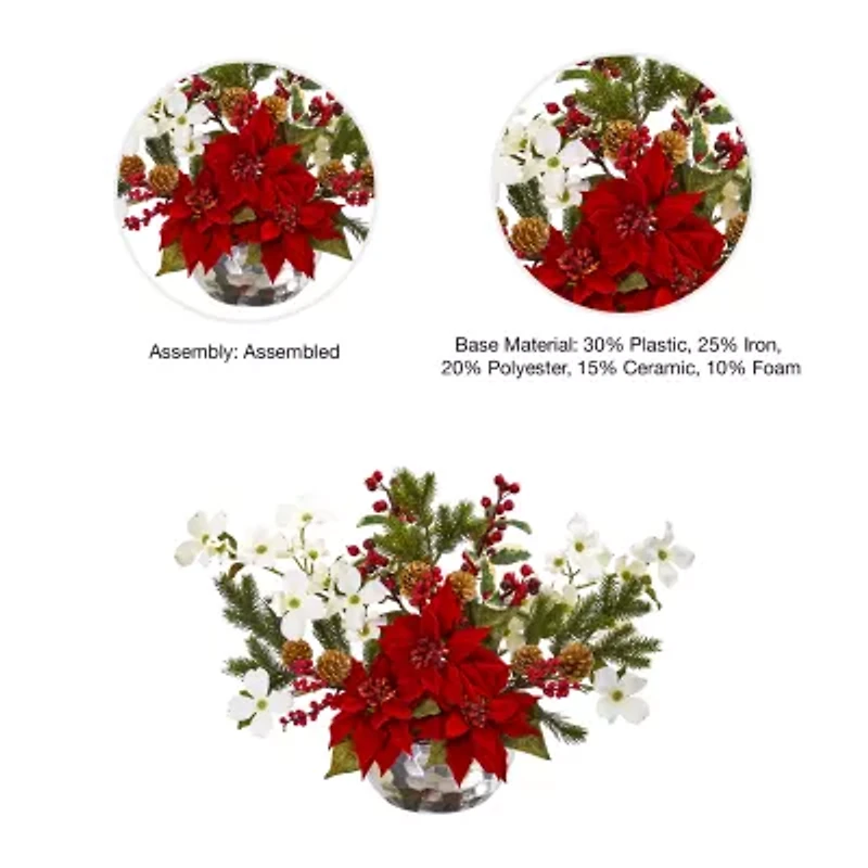 Nearly Natural 18in. Faux Poinsettia Pine Flower Arrangement Christmas Tabletop Decor