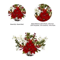 Nearly Natural 18in. Faux Poinsettia Pine Flower Arrangement Christmas Tabletop Decor