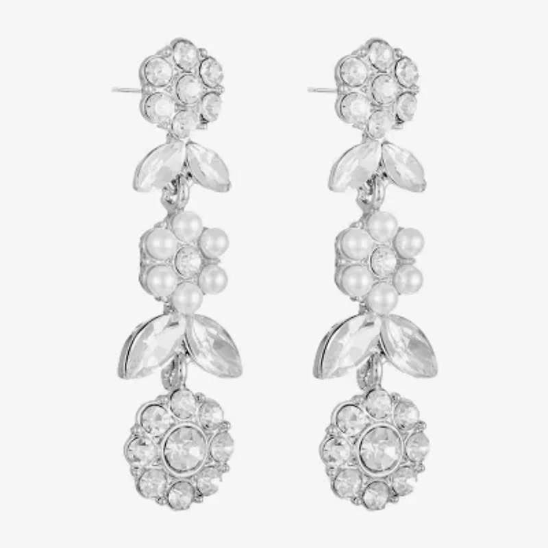 Monet Jewelry Timeless Silver Tone Womens Glass Simulated Pearl Flower Hypoallergenic Drop Earrings
