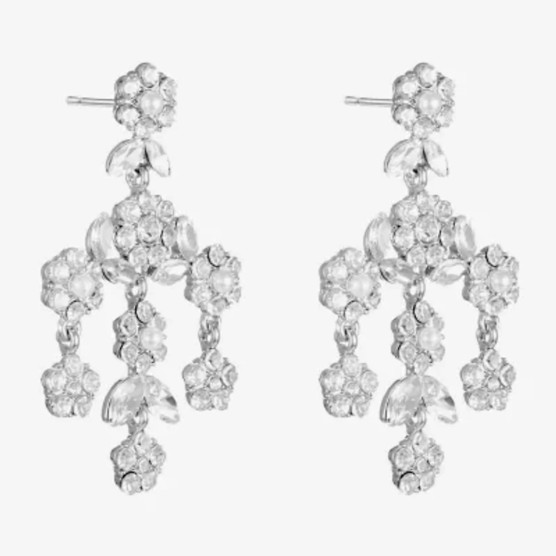 Monet Jewelry Timeless Silver Tone Womens Glass Simulated Pearl Flower Hypoallergenic Chandelier Earrings