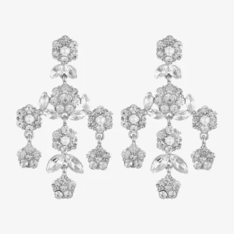 Monet Jewelry Timeless Silver Tone Womens Glass Simulated Pearl Flower Hypoallergenic Chandelier Earrings