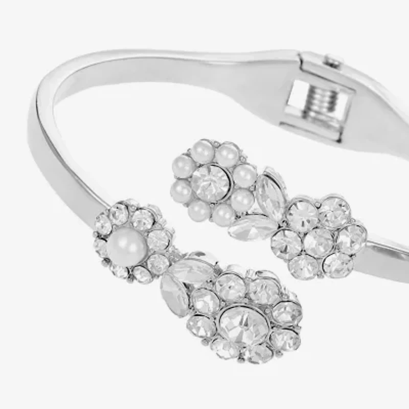 Monet Jewelry Timeless Silver Tone Womens Glass Simulated Pearl Flower Bangle Bracelet