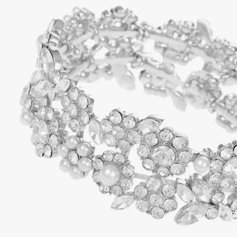 Monet Jewelry Timeless Silver Tone Womens Glass Simulated Pearl Flower Stretch Bracelet
