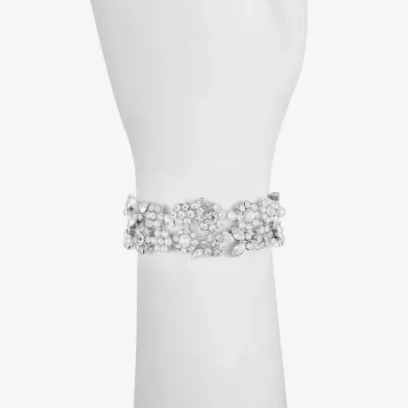 Monet Jewelry Timeless Silver Tone Womens Glass Simulated Pearl Flower Stretch Bracelet