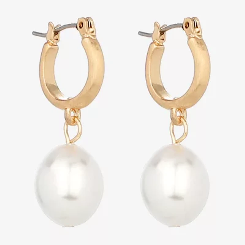 Monet Jewelry Gold Tone Drop Womens Simulated Pearl 31mm Oval Hypoallergenic Hoop Earrings
