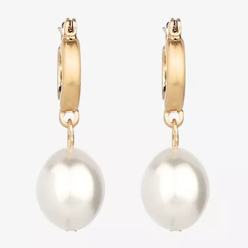 Monet Jewelry Gold Tone Drop Womens Simulated Pearl 31mm Oval Hypoallergenic Hoop Earrings