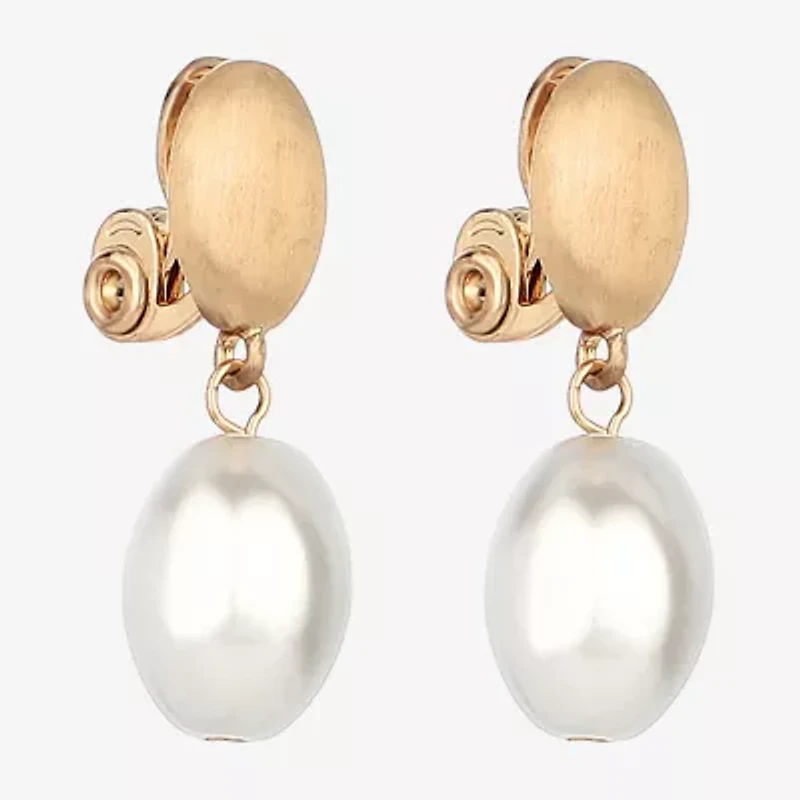 Monet Jewelry Gold Tone Womens Simulated Pearl Oval Clip On Earrings