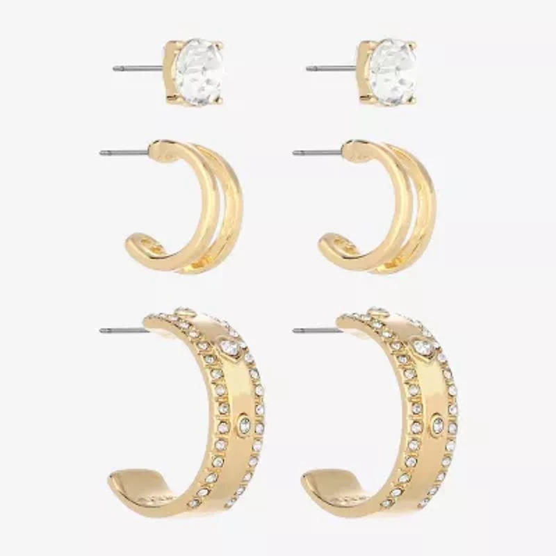 Monet Jewelry Gold Tone Womens Glass Round Hypoallergenic 3 Pair Earring Set