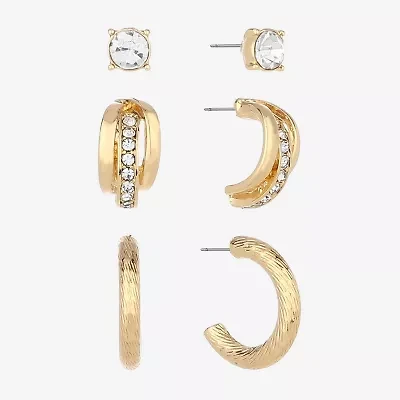 Monet Jewelry Gold Tone Womens Glass Round Hypoallergenic 3 Pair Earring Set