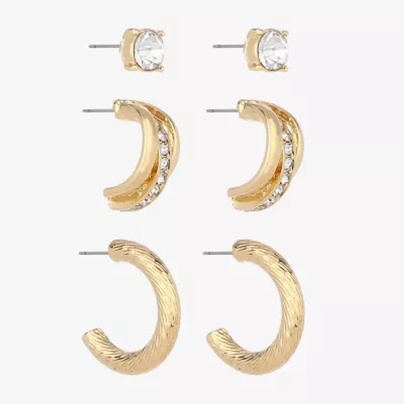 Monet Jewelry Gold Tone Womens Glass Round Hypoallergenic 3 Pair Earring Set