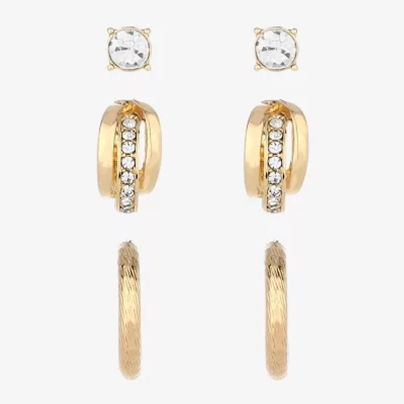 Monet Jewelry Gold Tone Womens Glass Round Hypoallergenic 3 Pair Earring Set