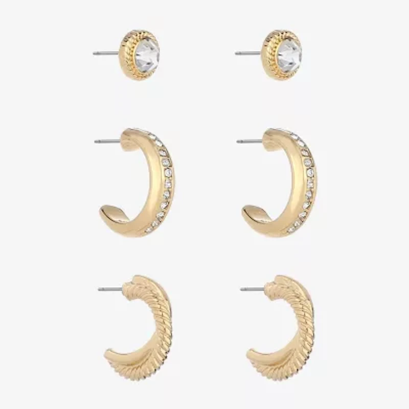 Monet Jewelry Gold Tone Womens Glass Round Hypoallergenic 3 Pair Earring Set