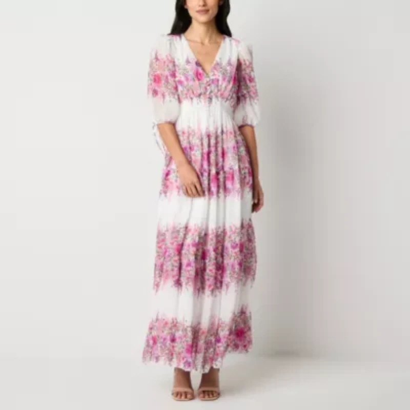 Melonie T Womens Elbow Sleeve Floral Maxi Dress