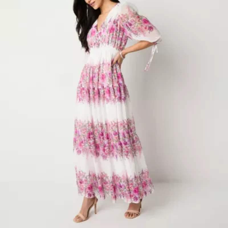 Melonie T Womens Elbow Sleeve Floral Maxi Dress