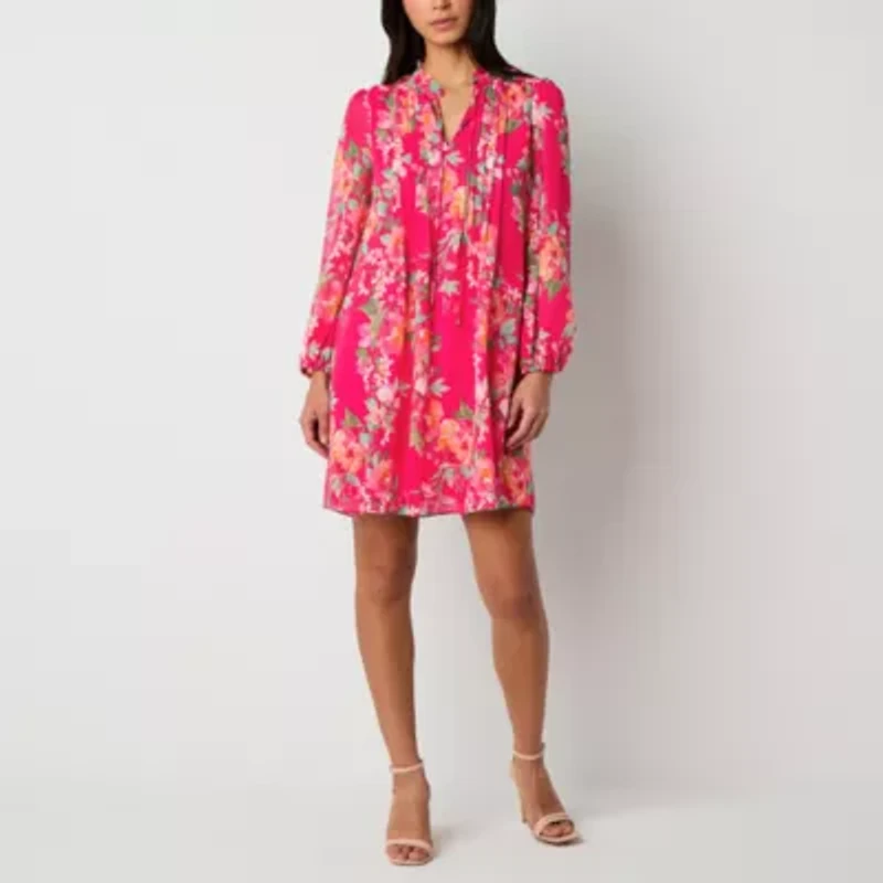 Jessica Howard Womens Petite Long Sleeve Floral Shift Dress
