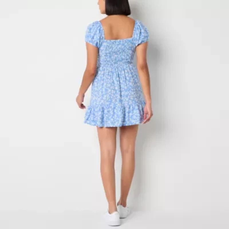 Arizona Womens Short Sleeve Floral Juniors Fit + Flare Dress