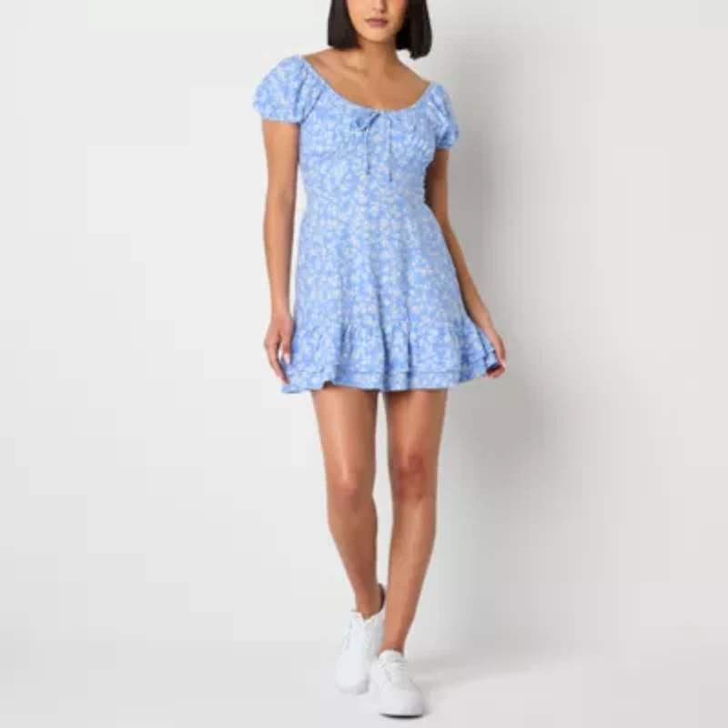 Arizona Womens Short Sleeve Floral Juniors Fit + Flare Dress
