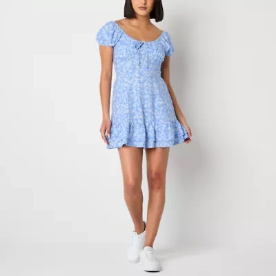 Arizona Womens Short Sleeve Floral Juniors Fit + Flare Dress