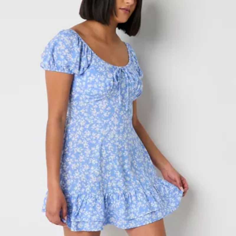 Arizona Womens Short Sleeve Floral Juniors Fit + Flare Dress