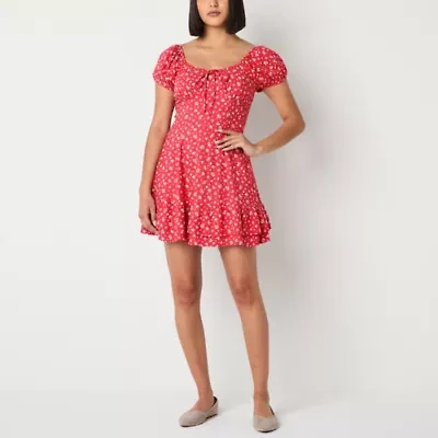 Arizona Womens Short Sleeve Floral Juniors Fit + Flare Dress