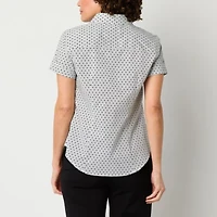 Liz Claiborne Womens Short Sleeve Cuffed Sleeve Regular Fit Wrinkle Free Poplin Button-Down Shirt
